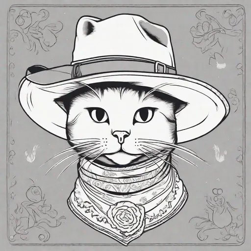 Prompt: A very simple line art cat wearing a cowboy hat and bandana around neck on a solid background