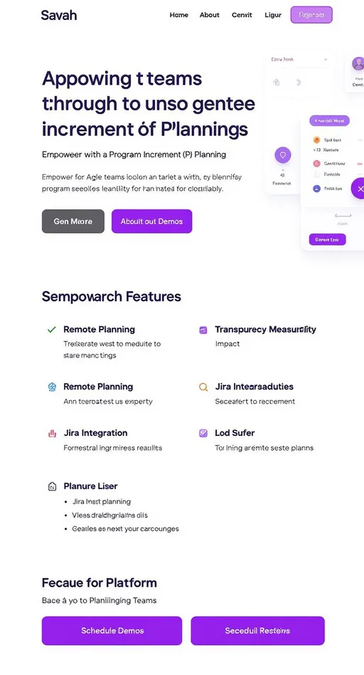 Prompt: The webpage elegantly presents Savah, a platform designed for Agile teams to facilitate Program Increment (PI) Planning. Dominated by a clean, modern design with a predominantly white background and vibrant purple text, the interface emphasizes simplicity and ease of use. The central message highlights its ability to empower teams through seamless planning, stressing alignment, transparency, and measurable impact. Key features, such as remote planning capabilities and Jira integration, are clearly outlined, inviting users to engage with enticing call-to-action buttons for scheduling demos and planning sessions. This layout not only conveys the platform's utility but also creates a professional and inviting atmosphere for potential users.