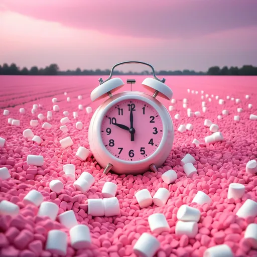 Prompt: pink alarm in a marshmallow field