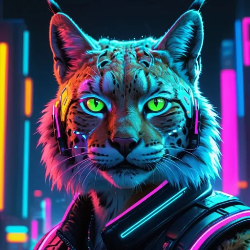 Prompt: Neon bobcat NFT profile pic, vibrant neon colors, glowing futuristic city backdrop, detailed fur with luminous reflections, intense and fierce gaze, high-tech collar, best quality, highres, ultra-detailed, digital art, cyberpunk, neon, detailed eyes, sleek design, professional, atmospheric lighting