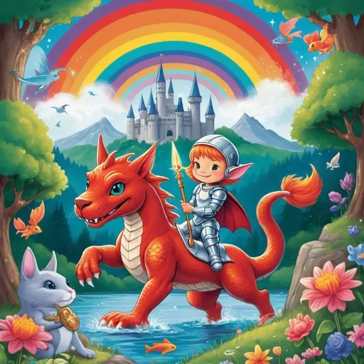 Prompt: Create a vibrant and colorful book cover for a children's coloring book titled "Meine Lieblingshelden zum Ausmalen" ("My Favorite Heroes to Color"). The cover should feature a variety of animated heroes in a playful and magical setting. Include:

A brave forest elf with a magical staff and a friendly squirrel.
A joyful mermaid swimming with dolphins and colorful fish.
A courageous astronaut flying through space with bright planets and stars.
An adventurous dragon rider on a friendly red dragon flying over mountains and lakes.
A strong and smart superheroine with a glowing cape protecting the city at sunrise.
A small artist with a palette and brush surrounded by vibrant paintings.
A cute teddy bear, fluffy bunny, and playful cat in a cozy children's room.
A noble knight in shining armor fighting a giant dragon to protect a magical castle.
A wise sorceress with a sparkling wand and magic book in an enchanted garden.
A gentle giant helping his small friends reach the highest trees in a flower-filled valley.
The title "Meine Lieblingshelden zum Ausmalen" should be prominently displayed at the top in a fun and playful font. The background should be a bright and cheerful landscape with a rainbow, sun, and clouds, creating a magical and inviting atmosphere. The overall style should be cute, whimsical, and engaging, perfect for young children.