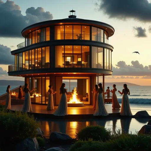 Prompt: (glass house in the middle of the ocean), (every room with a fireplace), vibrant and warm atmosphere, people dancing in elegant dinner dresses, soft glimmer of firelight illuminating the scene, graceful birds soaring outside, serene ocean waves gently lapping against the house, dreamy sunset colors reflecting on the water, ultra-detailed, breathtaking scenery, harmonious ambiance of joy and celebration.