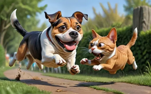 Prompt: dog running to catch the cat