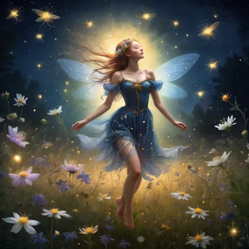 Prompt: Renaissance fairy dancing in a field of wild flowers at night between the sparkles of fireflies and stars in the sky