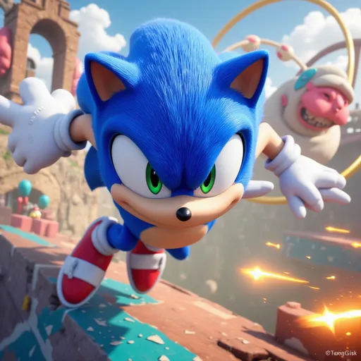 Prompt: (Iconic blue hedgehog), dynamic speed pose, vibrant colors, action-packed environment, 4K ultra-detailed, high-energy ambiance, whimsical cartoonish style, scenic background filled with loops and rings, cheerful atmosphere, high contrast between the character and background, emphasizing movement and excitement.