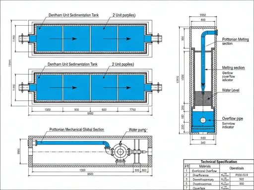 Prompt: This image is a technical, digital diagram illustrating the design and cross-sectional views of a denham unit sedimentation tank and a pottonian mechanical global section. The diagram is composed of four main sections, each showcasing different views and details of the equipment.
1. **Denham Unit Sedimentation Tank (2 Unit Parallels)**: This section, located at the top, displays a horizontal cross-sectional view of the tank, labeled with dimensions in millimeters. The tank has a rectangular shape with a blue water-filled interior, and various components such as inlet, outlet, and sedimentation areas are clearly marked with arrows indicating fluid flow.
2. **Pottonian Melting (Cross Section)**: Situated on the right, this section shows a vertical cross-sectional view of the pottonian melting section. It includes detailed measurements and labels for different parts like the melting section, overflow pipe, and water level indicator.
3. **Pottonian Mechanical Global Section**: Positioned at the bottom, this section presents a horizontal cross-sectional view of the pottonian mechanical section. It includes labels for components such as the water pump, overflow pipe, and mechanical parts.
4. **Technical Specification Table**: Located in the bottom right corner, this table provides a list of technical specifications for the equipment, including dimensions, materials, and operational parameters.
The background of the image is white, and the diagram is rendered in black and blue with clear, precise lines and labels. The overall style is. Please change the design into AutoCAD, don't change anything like the calculations or the drawing design.