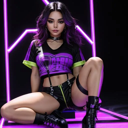 Prompt: Vanessa Hudgens is a beautiful juvenile  cyberpunk girl, sitting with her legs crossed, wearing a sport tee shirt,  short tight athletic shorts, and 3 striped knee socks with high top stiletto heel gladiator sandals. She has black thigh harnesses on her legs, and a black body harness. She has a power gauntlet on her arm with glowing light effects, and has a purple bobbed short haircut. Unreal engine, Borderlands game inspired. 