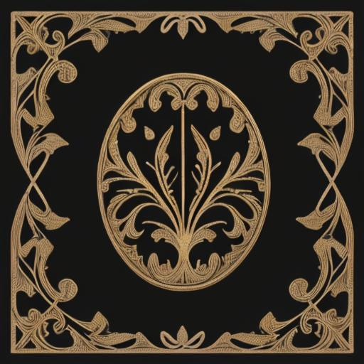 Prompt: 1880s style gold filigree scroll work leaves in an oval shape etched into a blackened steel surface. The pattern appears to be based on stylized oak leaves, with seed cones in the design.