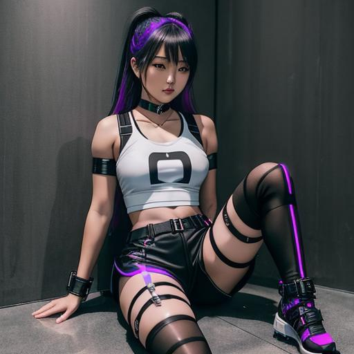 Prompt: A beautiful juvenile east Asian cyberpunk girl, sitting, wearing a sport tee shirt,  short tight athletic shorts, and 3 striped white knee socks with stiletto heel gladiator sandals. She has black thigh harnesses on her legs, and a black body harness, and is wearing a black choker. She has a power gauntlet on her arm with glowing light effects, and has a purple bobbed short haircut. Her wrists are restrained, bound together behind her. Unreal engine, Borderlands game inspired. 