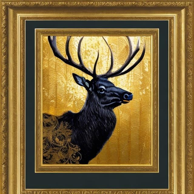 Prompt: A painting of an elk framed with gold leaf filigree scroll work