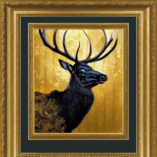 Prompt: A painting of an elk framed with gold leaf filigree scroll work