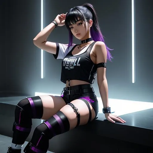Prompt: A beautiful juvenile east Asian cyberpunk girl, sitting, wearing a sport tee shirt,  short tight athletic shorts, and 3 striped white knee socks with stiletto heel gladiator sandals. She has black thigh harnesses on her legs, and a black body harness, and is wearing a black choker. She has a power gauntlet on her arm with glowing light effects, and has a purple bobbed short haircut. Her wrists are restrained, bound together behind her. Unreal engine, Borderlands game inspired. 