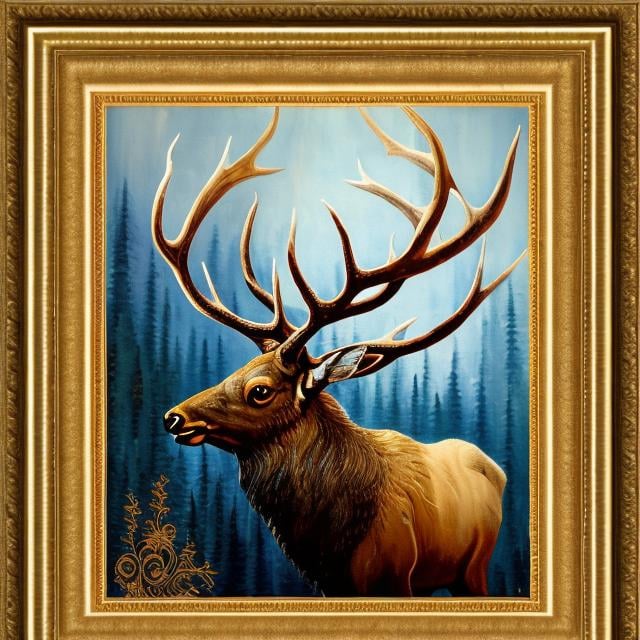 Prompt: A painting of an elk framed with gold leaf filigree scroll work