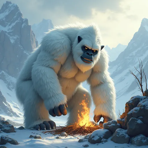 Prompt: Picture a towering yeti, its thick white fur contrasting with the rugged, rocky landscape of the high mountains. The scene is set against a backdrop of jagged peaks, their summits dusted with glistening snow that sparkles under a pale, early morning sun. Wisps of gray clouds drift lazily across the sky, hinting at a brewing storm.The yeti, with a determined expression, crouches beside a pile of dry twigs and stones, its massive hands careful yet earnest as it strikes flint against rock. The flickering of ember sparks dances in the crisp, chill air, casting a warm, golden glow on its fierce yet gentle face. Shadows stretch behind, as the looming mountains create a dramatic contrast. The atmosphere is a blend of solitude and resilience, a whimsical moment frozen in time. This image can be illustrated in a cinematic style, with photorealistic detail and dynamic lighting to capture the essence of the yeti's struggle against nature.
