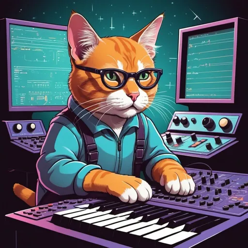 Prompt: a cat programmer with retro synth background using cartoonish style