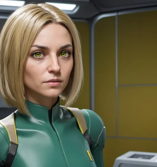 Prompt: Futuristic, scifi, slightly unkempt female pathologist with yellow clothing details with greek nose, yellow-green eyes, and ashy dirty blonde straight French Bob hair. She is not beautiful but not ugly. She has a round face and is in her mid 30s. 