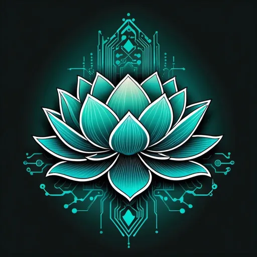 Prompt: Futuristic tattoo-style illustration of a unique teal ombre lotus merging with computer chip edges, vibrant and bold, high quality, tattoo style, futuristic, teal ombre, unique design, computer chip integration, vibrant colors, detailed linework, sleek and modern, professional, dynamic lighting