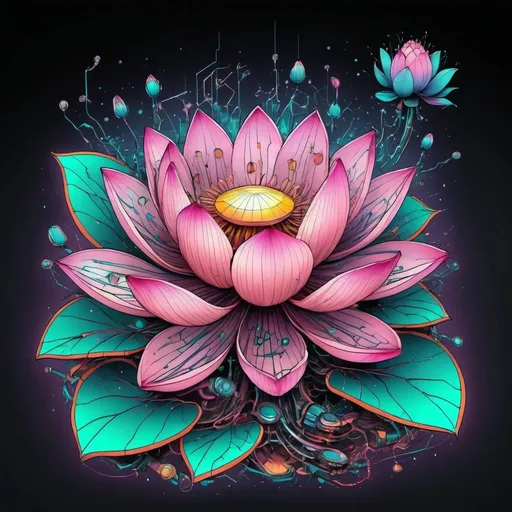 Prompt: Nature meets cyberpunk, lotus-like flower growing from a computer chip, 2D tattoo style, highres, vibrant colors, futuristic, detailed petals, digital growth, cybernetic integration, intricate circuitry, neon glow, nature-tech fusion, vibrant, high detail, cyberpunk, botanical tattoo, futuristic colors, tattoo art style, circuitry patterns, organic technology, professional, intricate shading.  Small 2d for arm tattoo or sleeve