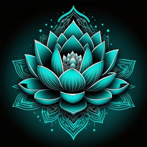 Prompt: Futuristic tattoo-style illustration of a unique black/ teal ombre lotus merging with computer chip edges, vibrant and bold, high quality, tattoo style, futuristic, teal ombre, unique design, computer chip integration, vibrant colors, detailed linework, sleek and modern, professional, dynamic lighting. Really blend nature into a futuristic computer world