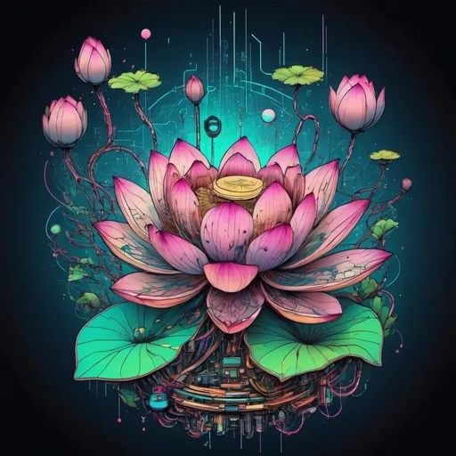 Prompt: Nature meets cyberpunk, lotus-like flower growing from a computer chip, 2D tattoo style, highres, vibrant colors, futuristic, detailed petals, digital growth, cybernetic integration, intricate circuitry, neon glow, nature-tech fusion, vibrant, high detail, cyberpunk, botanical tattoo, futuristic colors, tattoo art style, circuitry patterns, organic technology, professional, intricate shading.  Small 2d for arm tattoo or sleeve