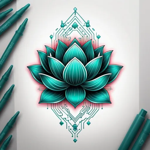 Prompt: Futuristic tattoo-style illustration of a unique teal ombre lotus merging with computer chip edges, vibrant and bold, high quality, tattoo style, futuristic, teal ombre, unique design, computer chip integration, vibrant colors, detailed linework, sleek and modern, professional, dynamic lighting