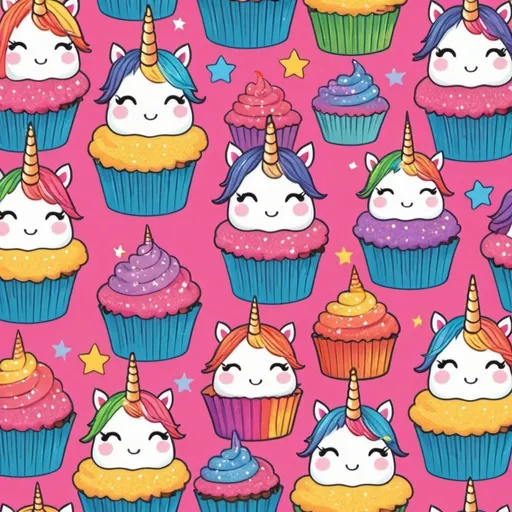 Prompt: Cupcakes , unicorns ,     sparkle , rainbows - in cute cartoon style, in bright rainbow colours 
