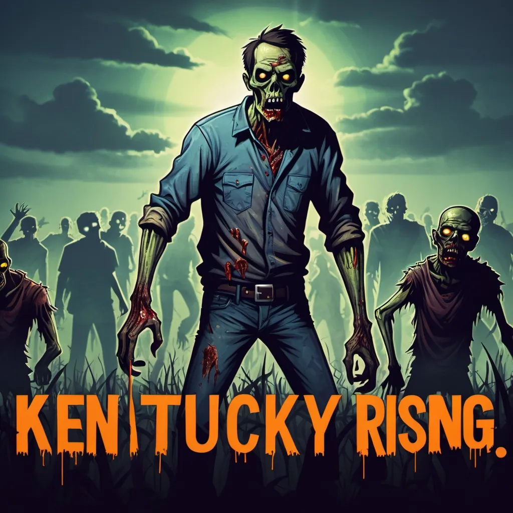 Prompt: text saying "Kentucky Rising", zomboid art style, zombies, man above zombies