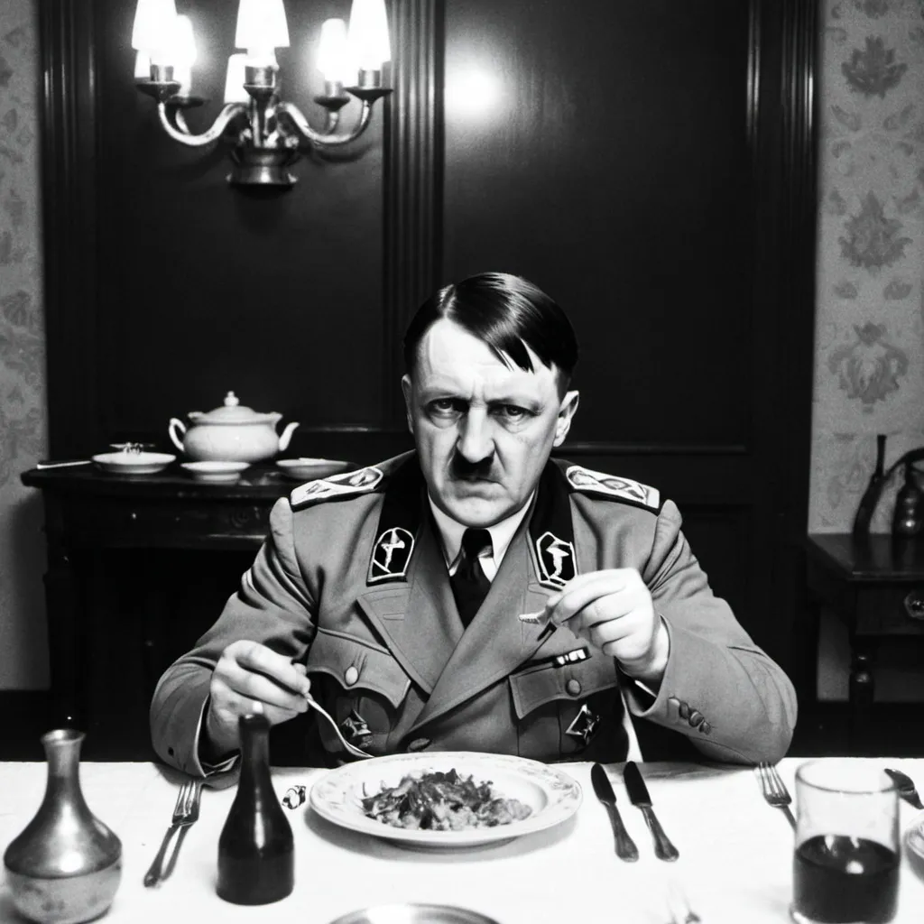 Prompt: Adolf hitler eating at a dinner table in his quarters 