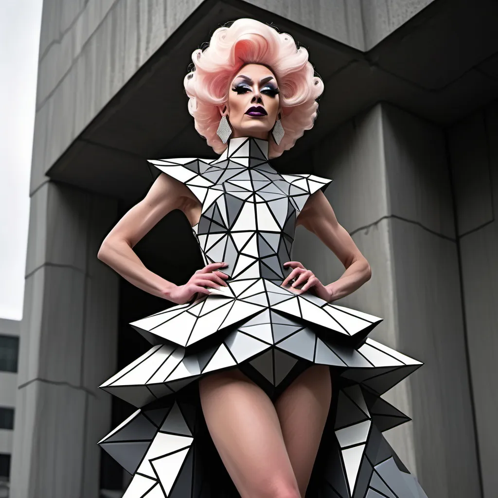 Prompt: A dragqueen wearing a polygonal drees based in the brutalism