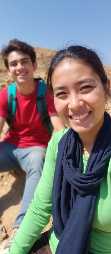 Prompt: In a sunlit outdoor setting, two young individuals are captured in a relaxed moment, likely enjoying a break in nature. The woman, prominently in the foreground, wears a vibrant green outfit complemented by a navy blue scarf draped around her neck, and she gazes directly at the camera with a warm expression, hinting at a cheerful mood. Behind her, a young man leans casually against a rock, dressed in a red shirt with a teal backpack visible, his gaze turned slightly away, adding an element of relaxed contemplation to the scene. The background features earthy textures, suggesting a rugged landscape, while the clear blue sky above highlights the sunlight, contributing to an overall feeling of warmth and ease in this candid moment.