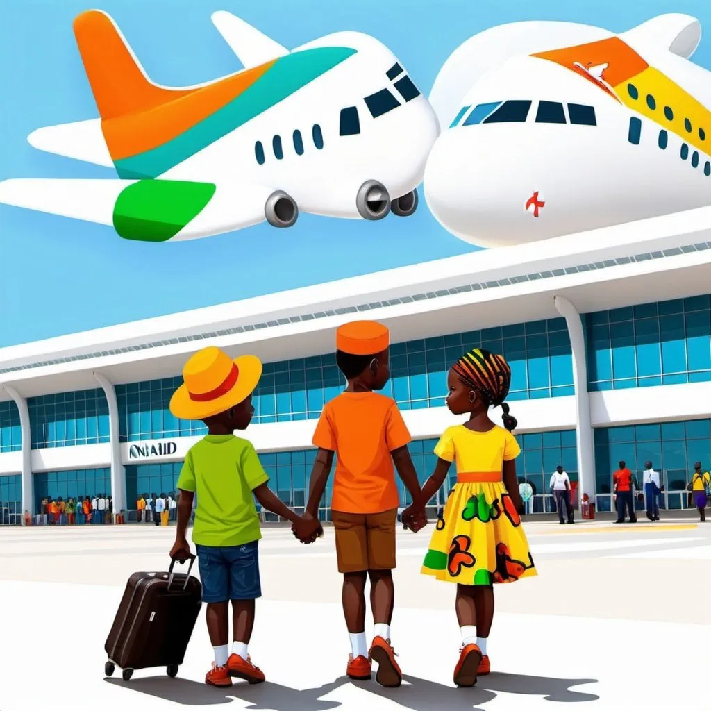 Prompt: cute 3d pixer art At the Nnamdi Azikiwe International Airport terminal, hand in hand with their parents. The airport was abuzz with activity, but their attention was drawn to the colourful Ibom Air planes lined up on the tarmac, gleaming in the sunlight.