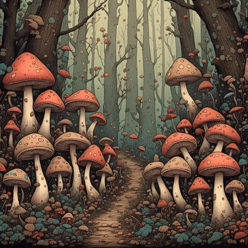 Prompt: <mymodel> illustration of a line of mushrooms in the forest