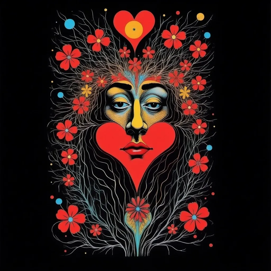 Prompt: Valentine's Day romantic card design, "Be the Queen of my Heart", inspired by Neil Gaiman, Tim Burton, Colleen Doran, and Stephanie Law, whimsical and enchanting style, dark yet playful colors, intricate hand-drawn elements, dreamy illustrations, vintage aesthetic, with glowing hearts and florals, dramatic lighting effect, high resolution, 4K quality, capturing a magical atmosphere of love and creativity. black background