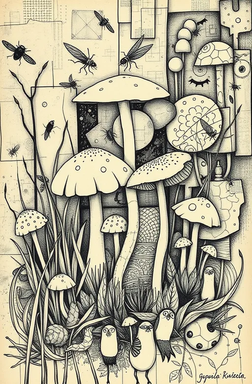 Prompt: Guernica by Pablo Picasso, an abstract, cubism, zentangle of mushrooms pieces and weeds, chaos, bugs, with a sepia monochrome palette