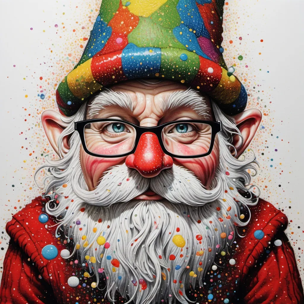 Prompt: whimsical nisse, hat scrunched up on top of nose, covering eyes completely, pen and dot, contemporary art; SPARKLING, splatter, vivid pointillism, splotches; fantasy; intricately detailed, alcoholink