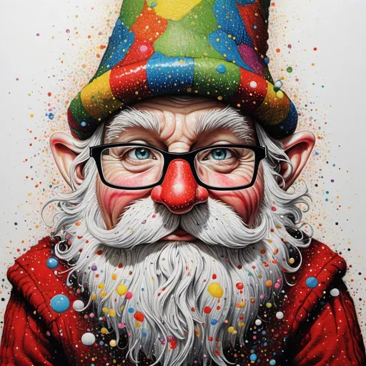 Prompt: whimsical nisse, hat scrunched up on top of nose, covering eyes completely, pen and dot, contemporary art; SPARKLING, splatter, vivid pointillism, splotches; fantasy; intricately detailed, alcoholink