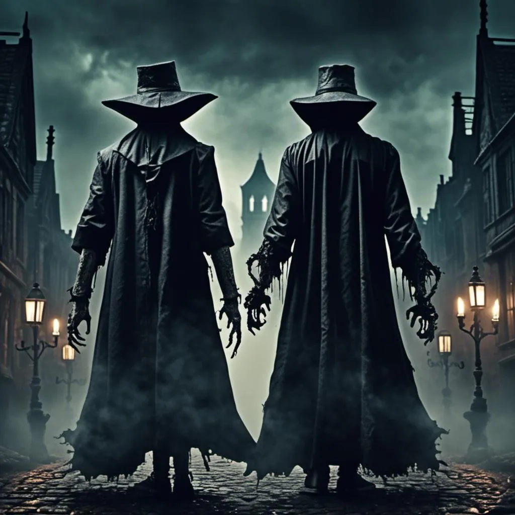 Prompt: <mymodel> split blended image of Two plague doctors standing back-to-back. Doctor on the left is a surreal, medieval era plague doctor surrounded by foggy, cobblestone streets. Doctor on the right is a sinister looking, dark fantasy, gothic, era plague doctor with glowing eyes in his detailed metal beak surrounded by foggy, futuristic cityscape. A cloudy, misty moonlit fade blends the eras in the middle, creating a seamless transition