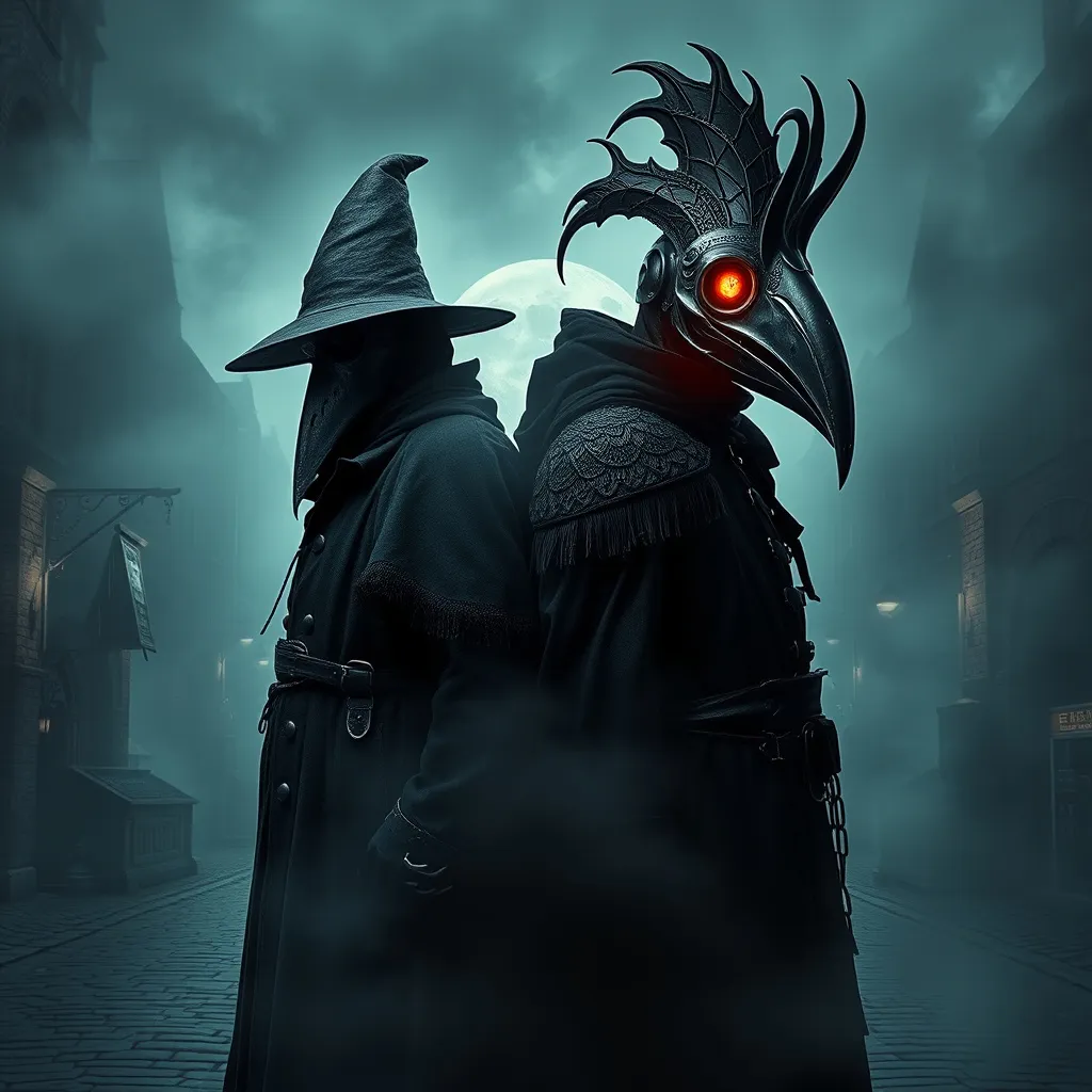 Prompt: split blended image of Two plague doctors standing back-to-back. Doctor on the left is a surreal, medieval era plague doctor surrounded by foggy, cobblestone streets. Doctor on the right is a sinister looking, dark fantasy, gothic, era plague doctor with glowing eyes in his detailed metal beak surrounded by foggy, futuristic cityscape. A cloudy, misty moonlit fade blends the eras in the middle, creating a seamless transition