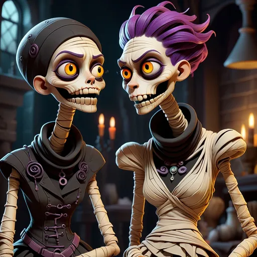 Prompt: a mysterious dark, whimsical aesthetic, featuring quirky mummy-like characters inspired by a whimsical aesthetic, featuring quirky expressions with exaggerated features. The style should have a gothic and surreal atmosphere, using muted colors, accented with bright colors. The characters should have elongated limbs, wearing whimsical clothes, and quirky boots, high quality, unreal engine