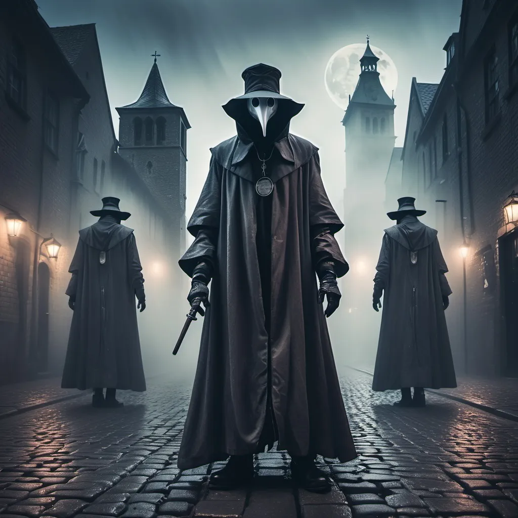 Prompt: split blended image of Two plague doctors standing back-to-back. Doctor on the left is a surreal, medieval era plague doctor surrounded by foggy, cobblestone streets. Doctor on the right is a sinister looking, dark fantasy, gothic, era plague doctor with glowing eyes in his detailed metal beak surrounded by foggy, futuristic cityscape. A cloudy, misty moonlit fade blends the eras in the middle, creating a seamless transition