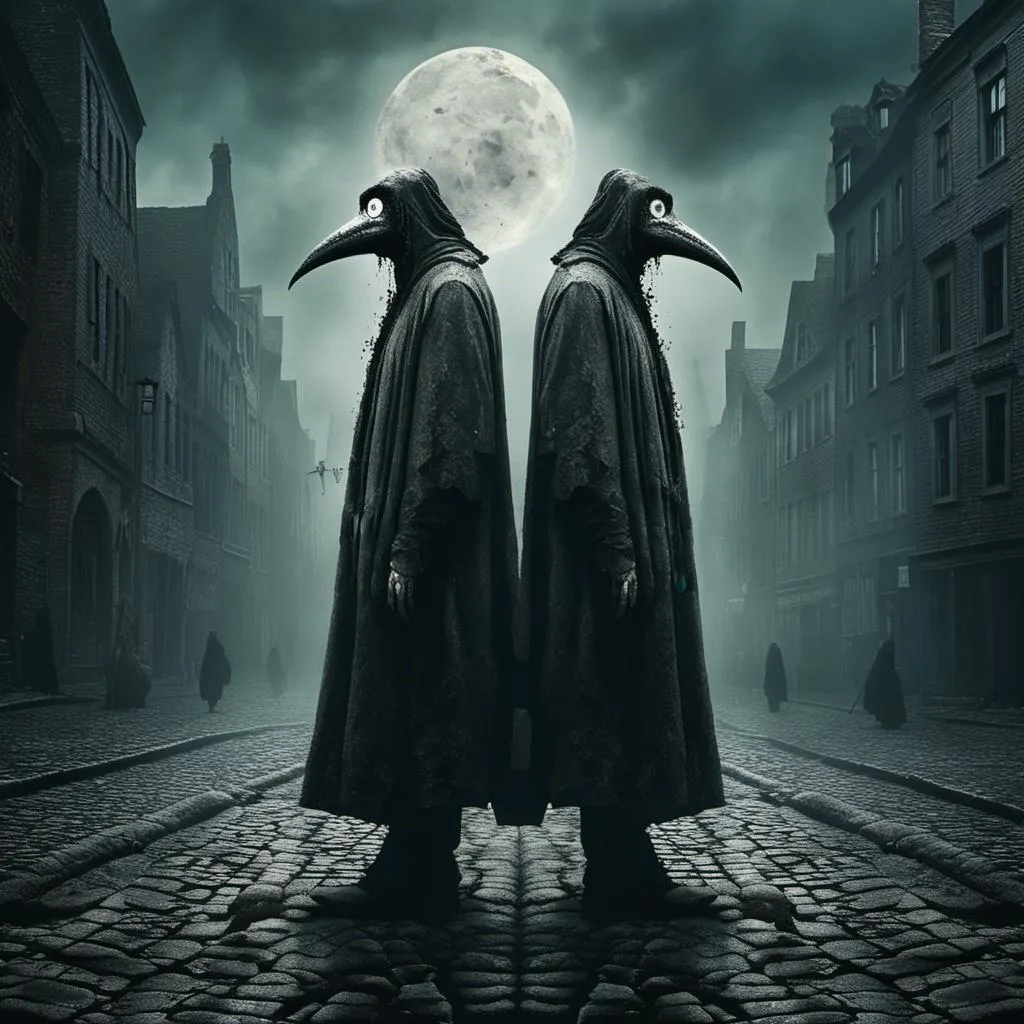 Prompt: <mymodel> split blended image of Two plague doctors standing back-to-back. Doctor on the left is a surreal, medieval era plague doctor surrounded by foggy, cobblestone streets. Doctor on the right is a sinister looking, dark fantasy, gothic, era plague doctor with glowing eyes in his detailed metal beak surrounded by foggy, futuristic cityscape. A cloudy, misty moonlit fade blends the eras in the middle, creating a seamless transition