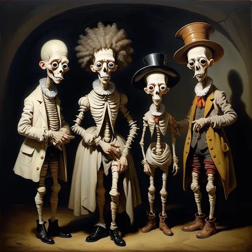 Prompt: Oil painting, Rembrandt, dark, whimsical aesthetic, featuring quirky mummy-like characters inspired by a whimsical aesthetic, featuring quirky expressions with exaggerated features. The style should have a gothic and surreal atmosphere, using muted colors, accented with bright colors. The characters should have elongated limbs, wearing whimsical clothes, and quirky boots