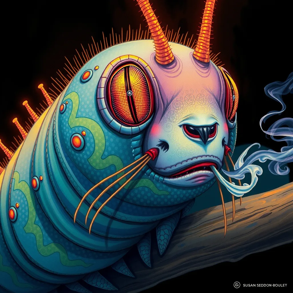 Prompt: ultradetailed glowing lines, gradient color, smoking caterpillar, bromoil print, in style of Mark Ryden, SUSAN SEDDON-BOULET