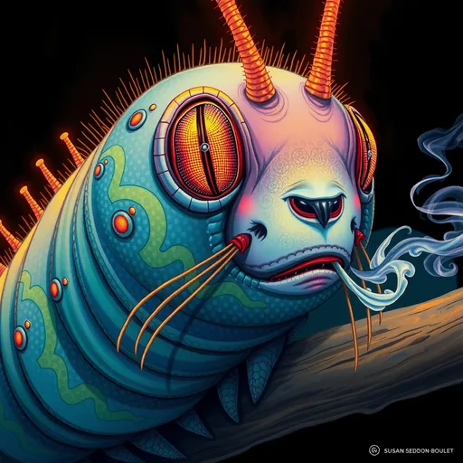 Prompt: ultradetailed glowing lines, gradient color, smoking caterpillar, bromoil print, in style of Mark Ryden, SUSAN SEDDON-BOULET