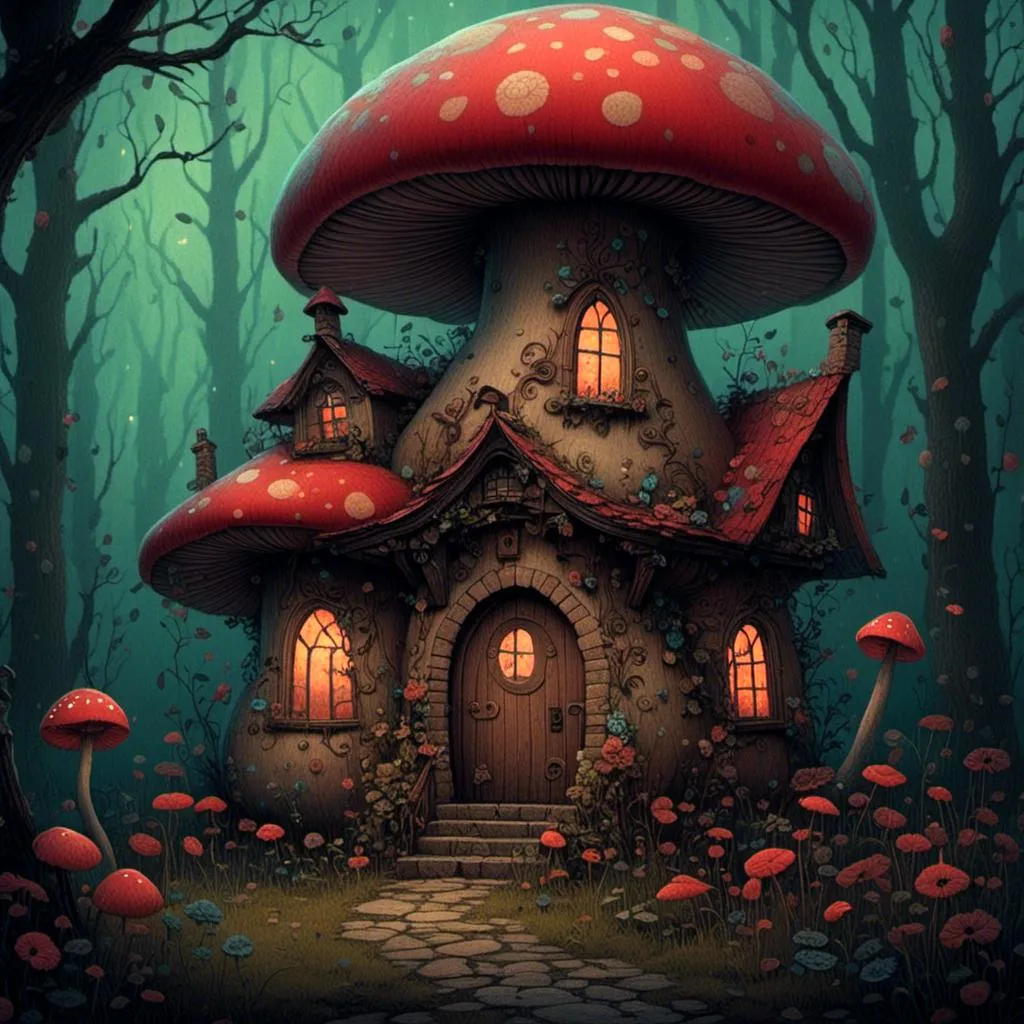 Prompt: <mymodel> big mushroom house, bright, poppy accents, hygge vibe, fantasy, fairy-tale