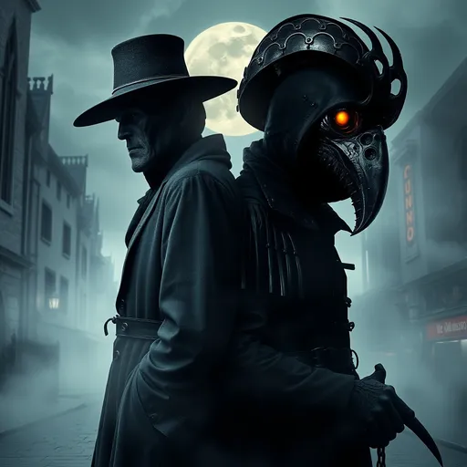 Prompt: split blended image of Two plague doctors standing back-to-back. Doctor on the left is a surreal, medieval era plague doctor surrounded by foggy, cobblestone streets. Doctor on the right is a sinister looking, dark fantasy, gothic, era plague doctor with glowing eyes in his detailed metal beak surrounded by foggy, futuristic cityscape. A cloudy, misty moonlit fade blends the eras in the middle, creating a seamless transition