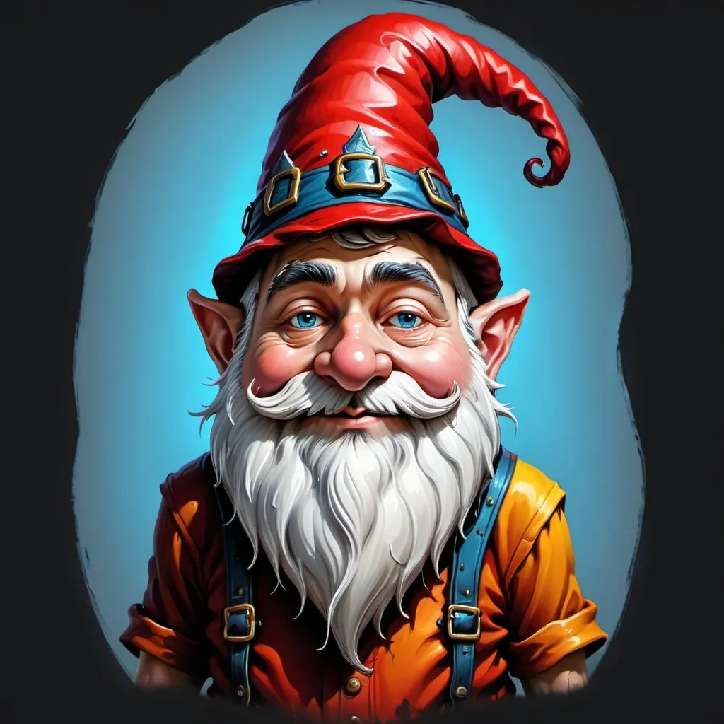 Prompt: 3D digital art oil painting, whimsical illustration, a gnome with a tall, crooked, twisted hat covering his eyes, nose is visible