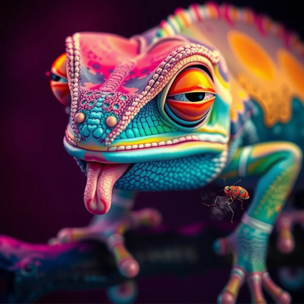 Prompt: (Alice RUNNING wonderland:3) ultradetailed glowing lines color gradient  An energetic cheeky chameleon in mid-color change. Its eyes are comically crossed in concentration, the tongue darting out in anticipation of an out-of-frame insect, its unique charm and humor heightened by the bright, exaggerated hue, SMOKING  bromoil print, (Mark Ryden:3), SUSAN SEDDON-BOULET