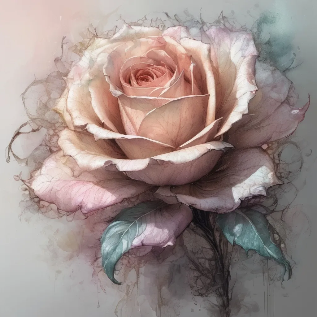 Prompt: Pastel color ink masterpiece of Filigree Fractal wrapping around a mesmerizing delicate rosebud inspired by "Russ Mills"  TINY brushstrokes, smooth textures, side shot, dripping ink, beautiful light and shadows, fantasy botanical art