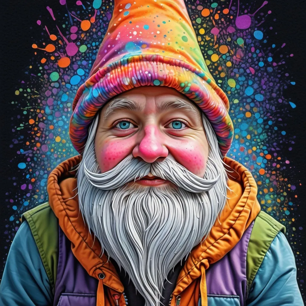 Prompt: (whimsical gnome), floppy scrunchy hat hiding eyes, pen and dot technique, contemporary art style, (sparkling) colors, splatter, pointillism, colorful splotches, enchanting fantasy atmosphere, intricately detailed design, (alcoholink) effects, ultra-detailed depiction, creative and imaginative ambiance.